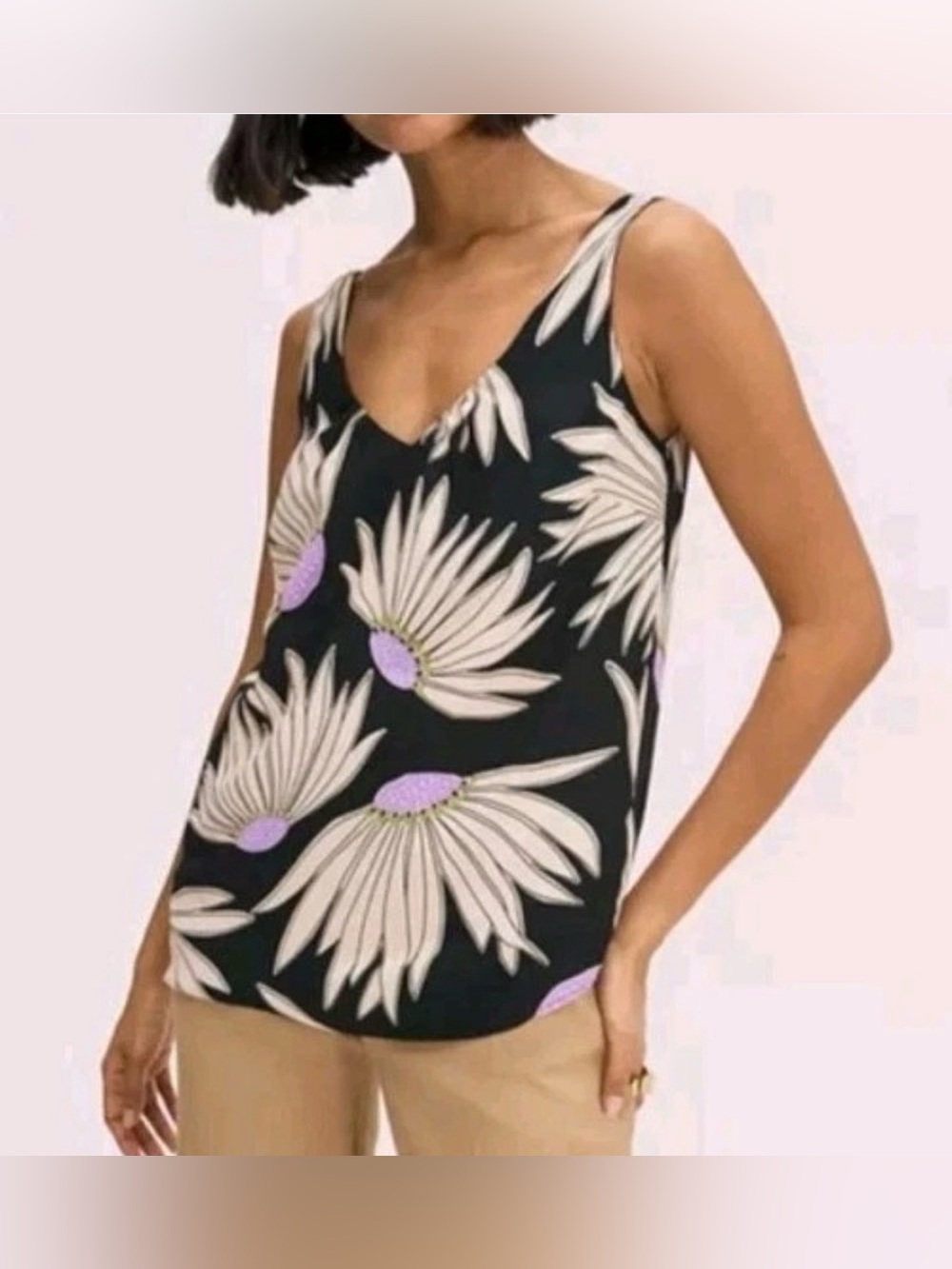 NWOT Kate Spade Black Floral V-Neck Camisole with cream & Purple Accents